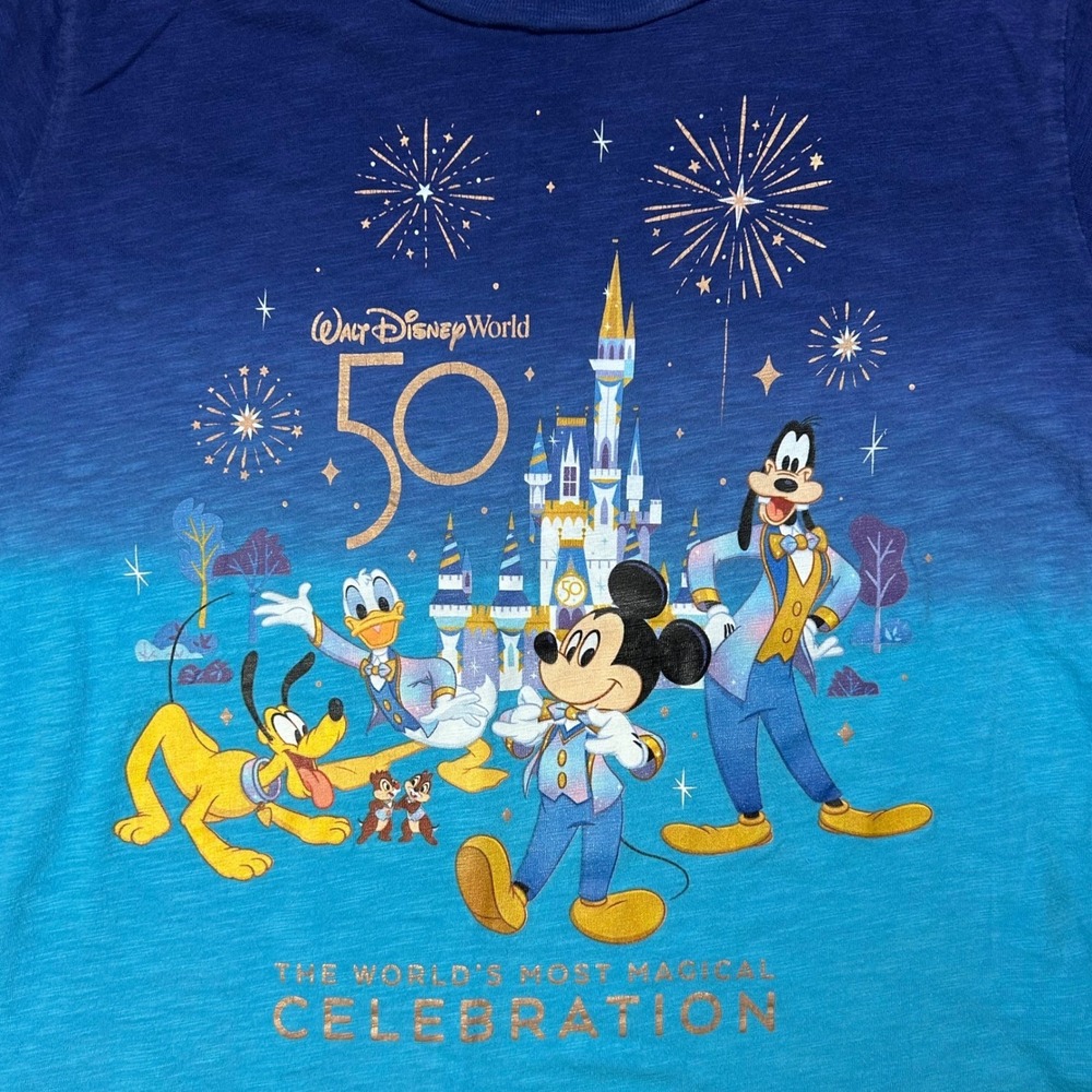Disney World 50th Anniversary Kids Medium T-Shirt Mickey‎ & Friends Blue Ombré